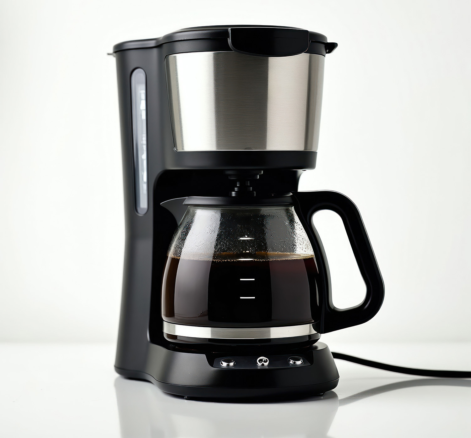 An automatic drip coffee maker brewing a fresh pot of coffee